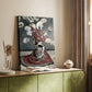 Canvas art print of a figure in ornate attire with decorative patterns and fans styled in a home decor setting.