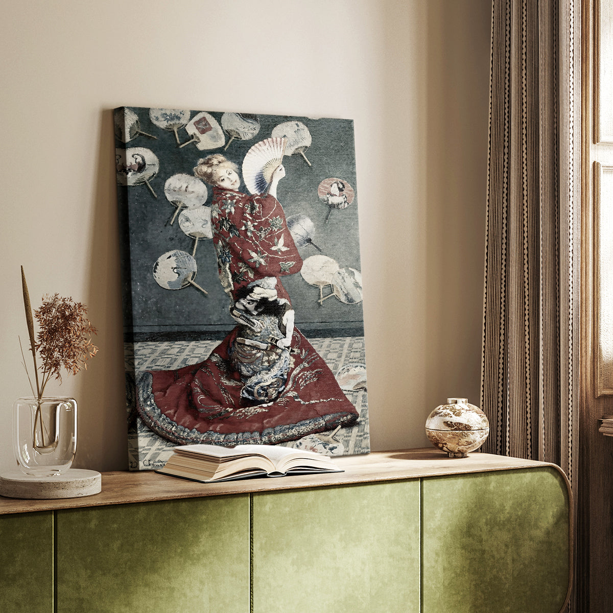 Canvas art print of a figure in ornate attire with decorative patterns and fans styled in a home decor setting.