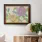 Contemporary peony flower illustration in an ornate mahogany wood frame with gold liner displayed in a light-toned interior setting.