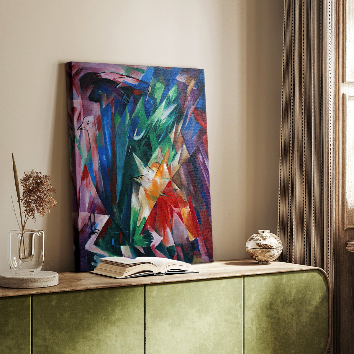 Canvas art print of an abstract animal scene with angular shapes and contrast styled in a home decor setting.