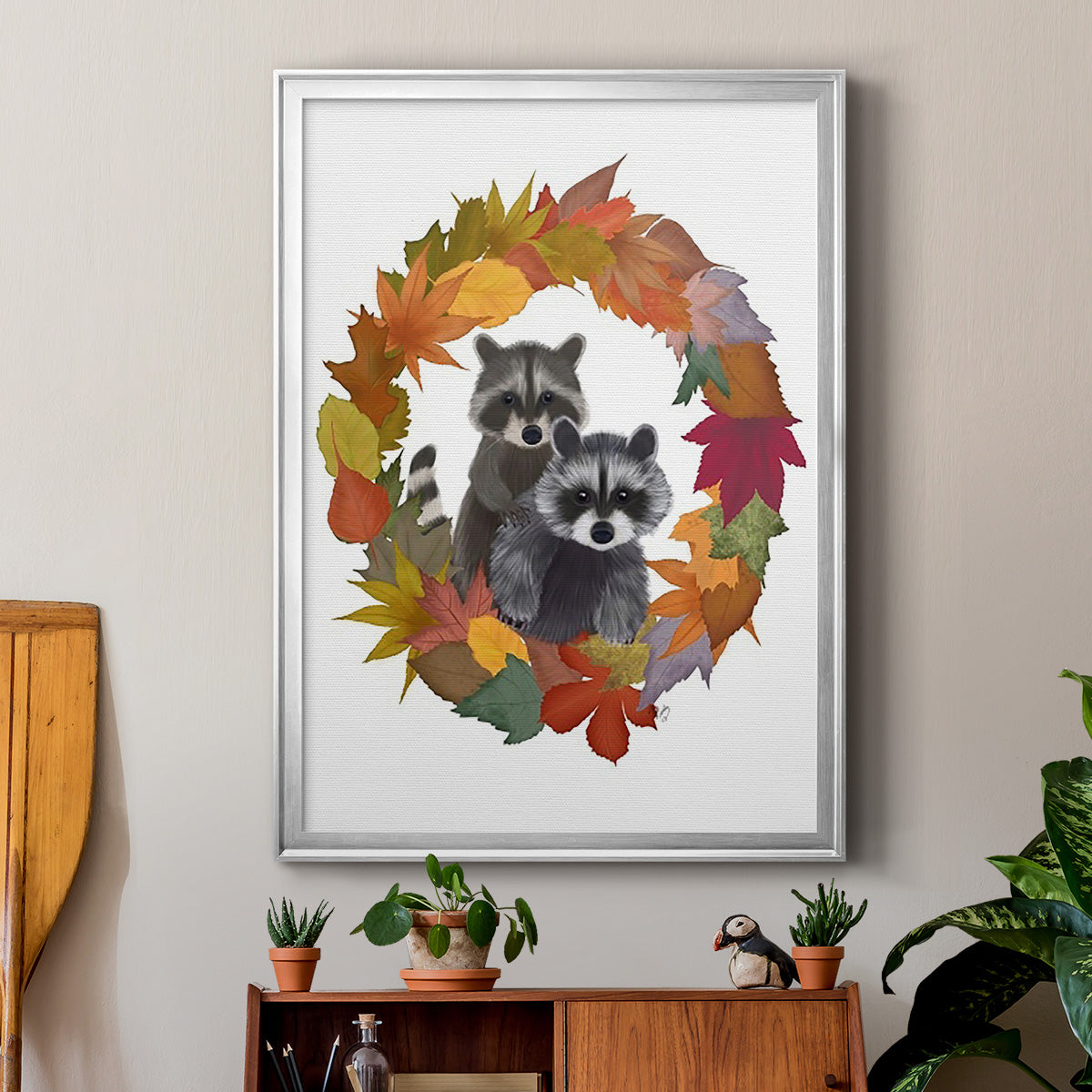 Raccoons Autumn Leaf Wreath - Modern Framed Canvas Print