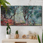 Three-panel canvas wall art featuring olive trees in sunlit garden, displayed in a boho-chic entryway above a console table.