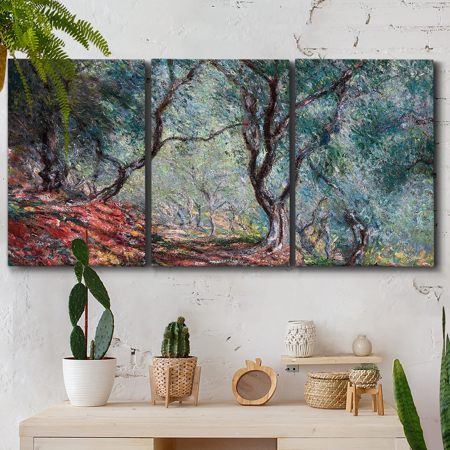 Three-panel canvas wall art featuring olive trees in sunlit garden, displayed in a boho-chic entryway above a console table.