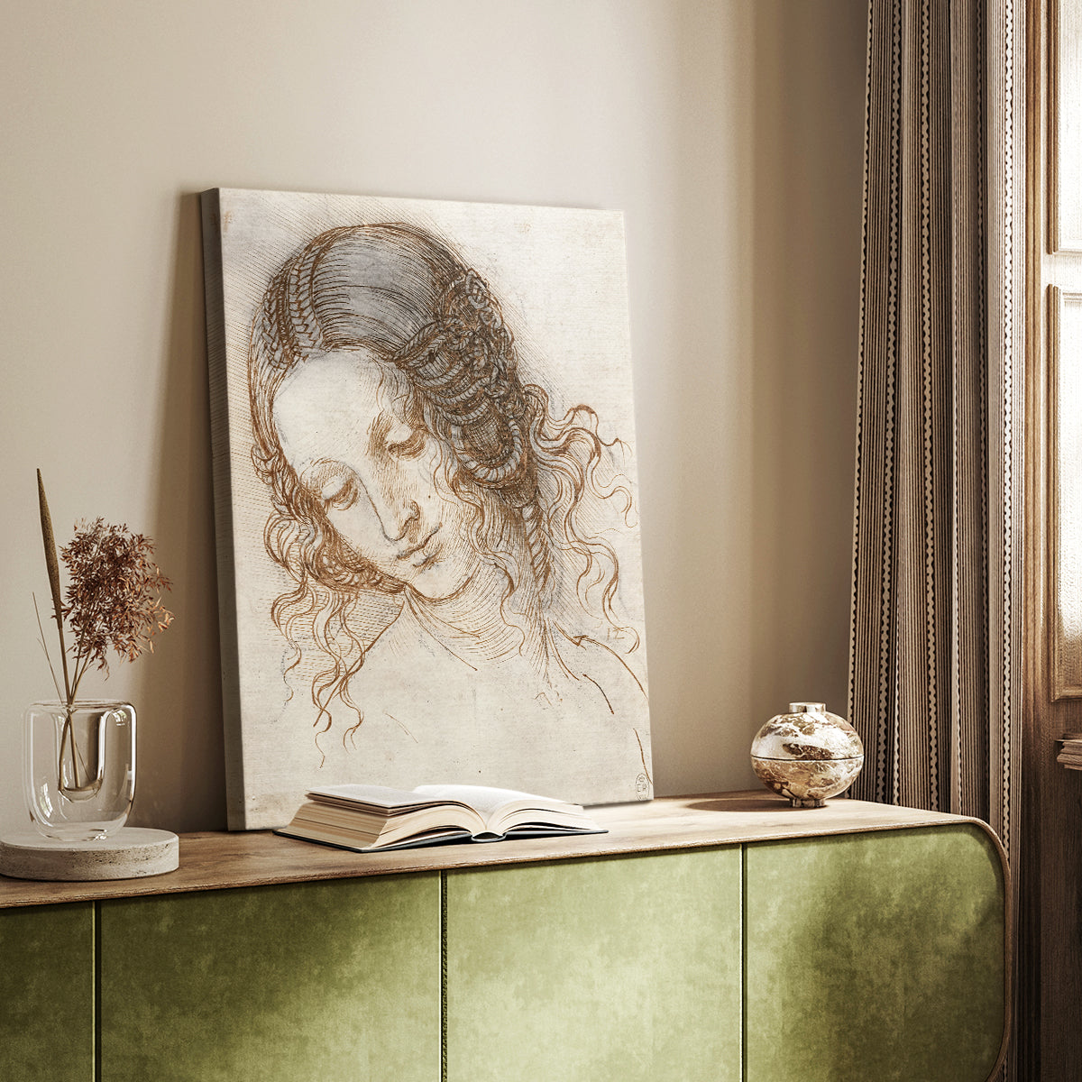 Canvas art print of a refined sketch with gentle contours and light detail styled in a home decor setting.