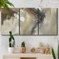 Three-panel canvas wall art featuring flowing abstract wave motion, displayed in a boho-chic entryway above a console table.