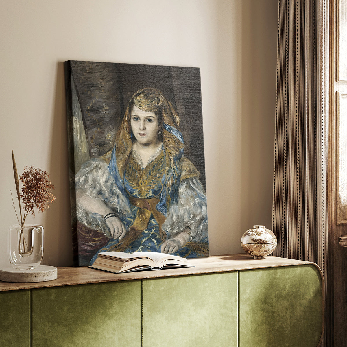Canvas art print of a figure in ornate clothing with warm tones and decorative detail styled in a home decor setting.