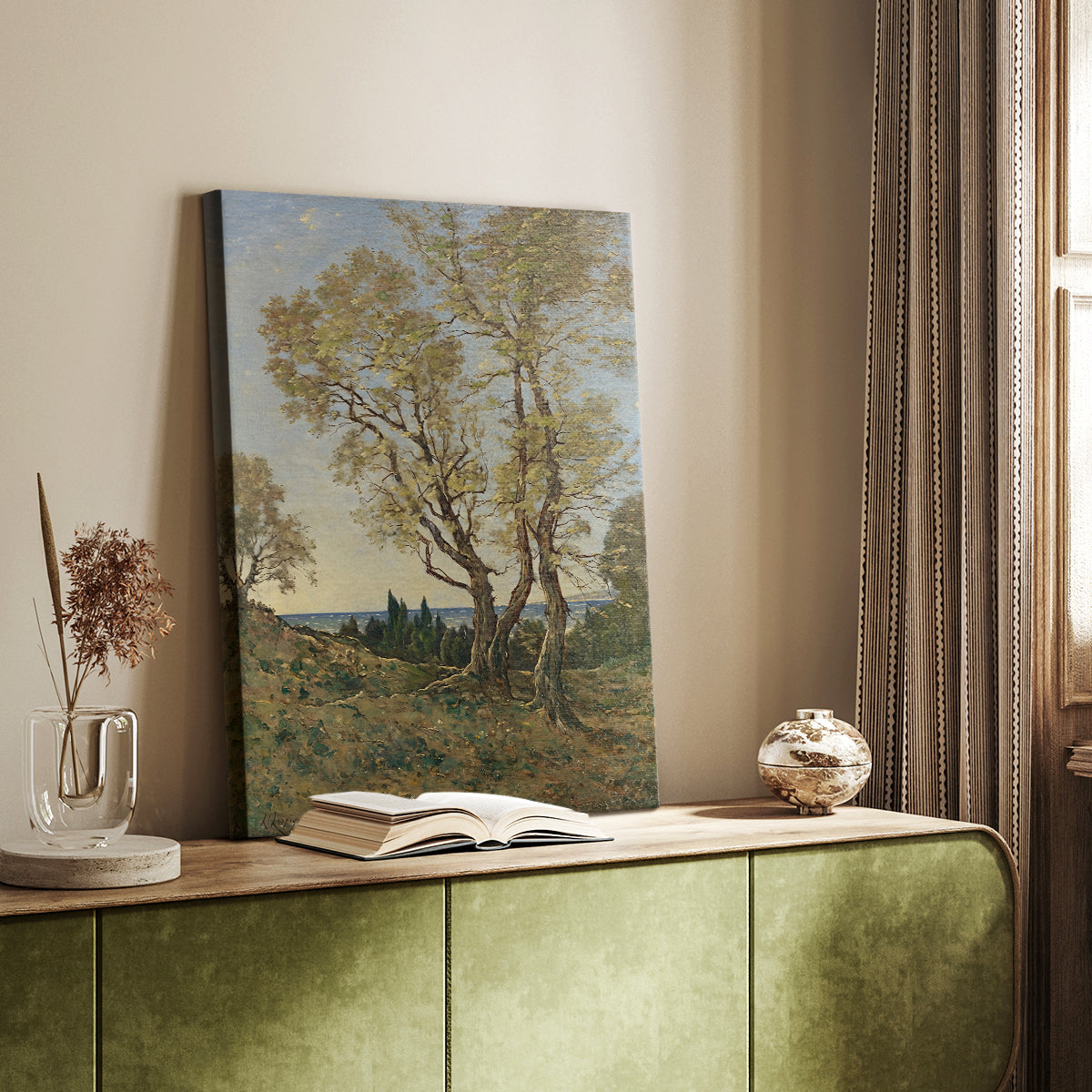 Canvas art print of a calm countryside scene with trees and gentle light styled in a home decor setting.