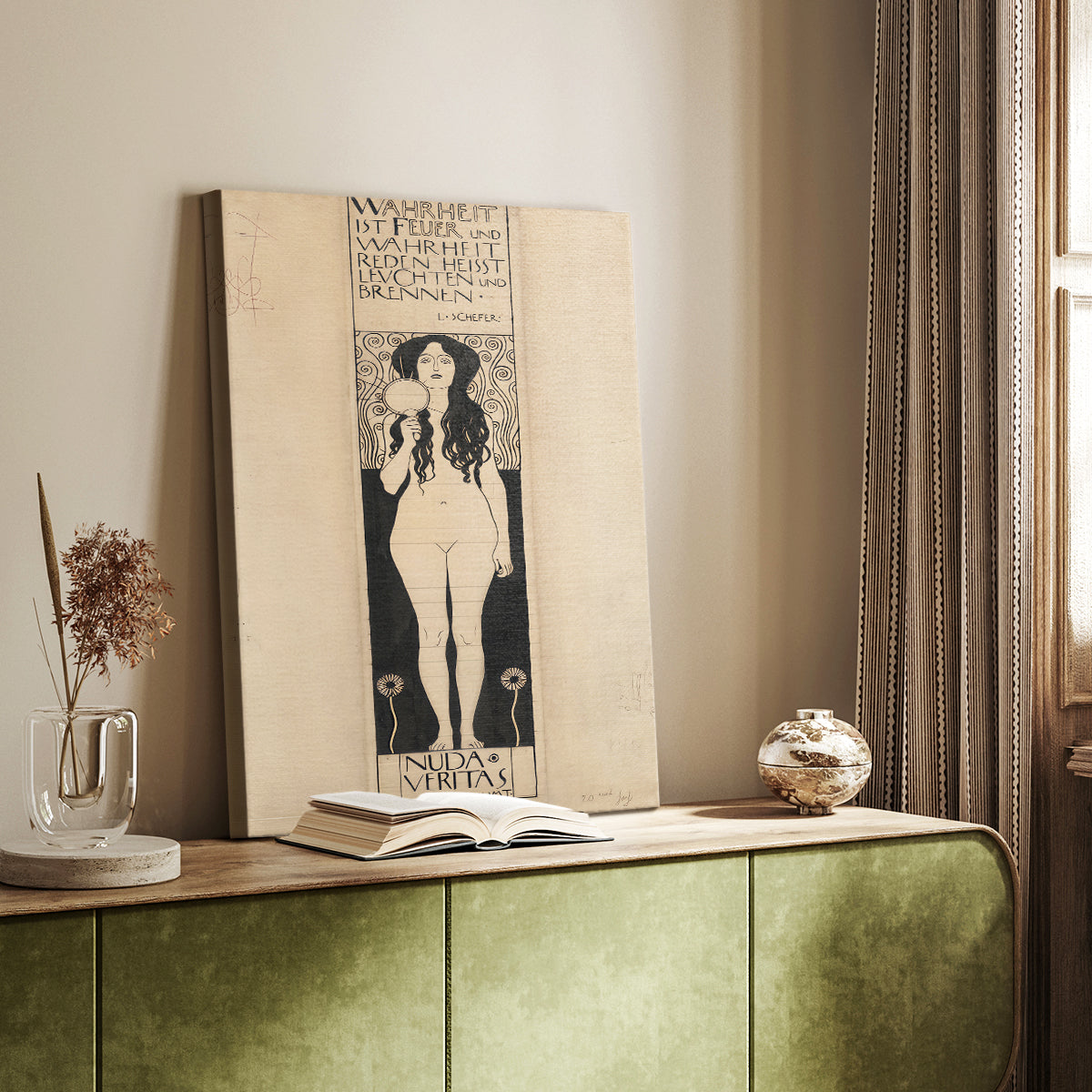 Canvas art print of a stylized figure with decorative elements and strong vertical form styled in a home decor setting.