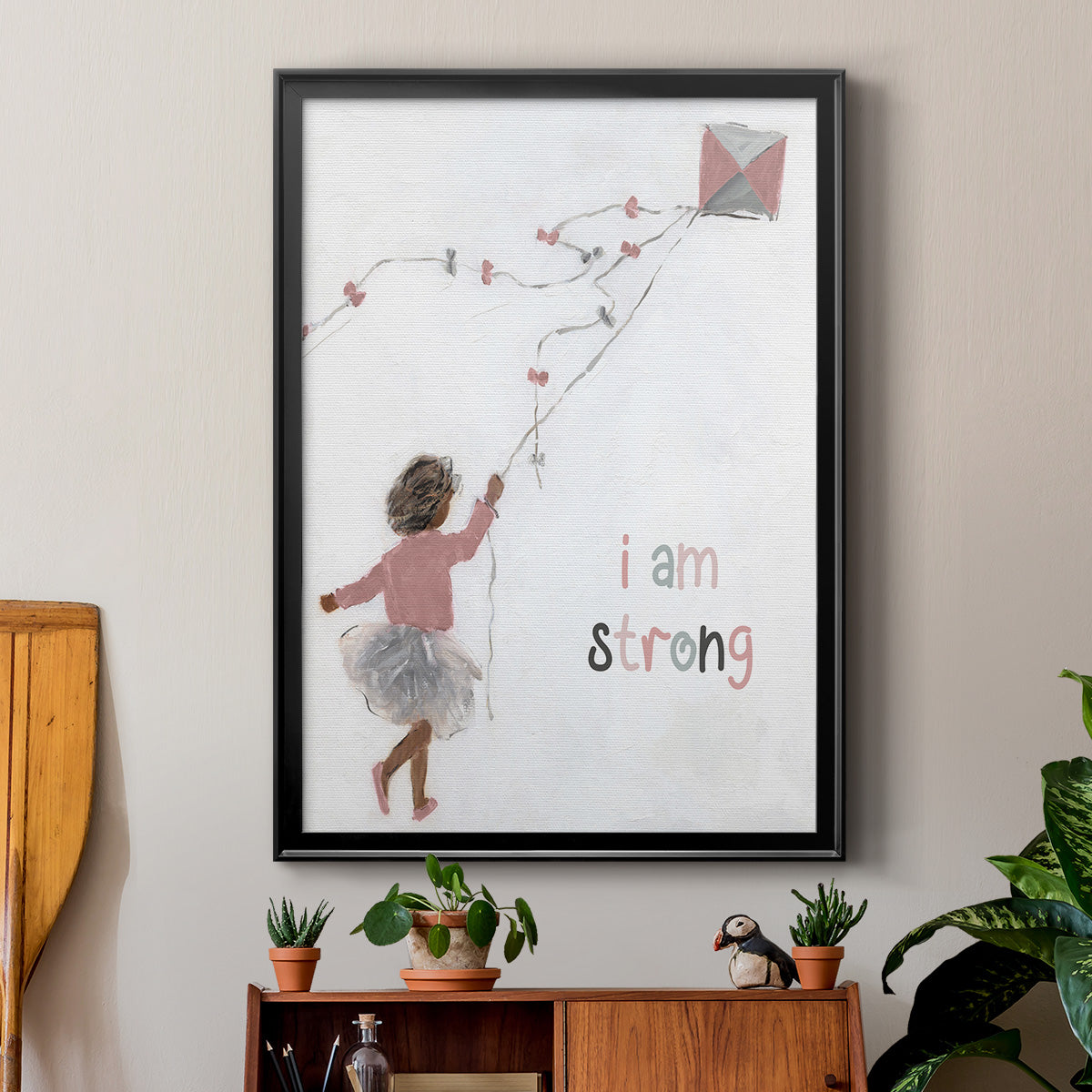 Girl Flying Kite - Modern Framed Canvas Print