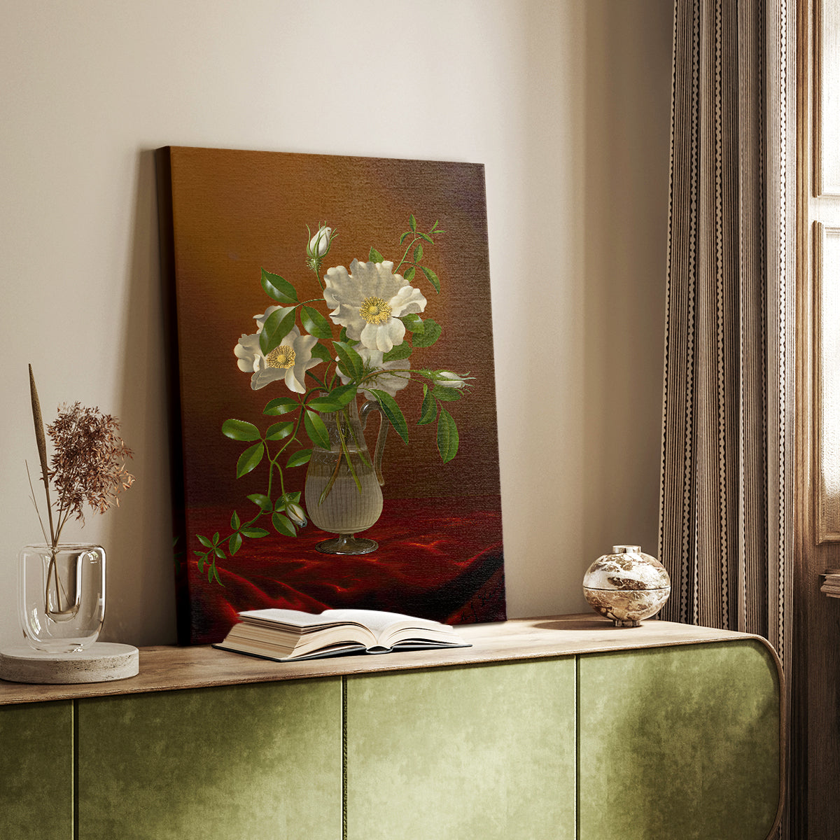 Canvas art print of a delicate floral arrangement with gentle tones and clarity styled in a home decor setting.