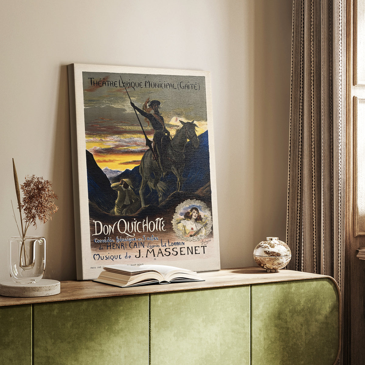 Canvas art print of a stylized poster with a dramatic figure and graphic elements styled in a home decor setting.