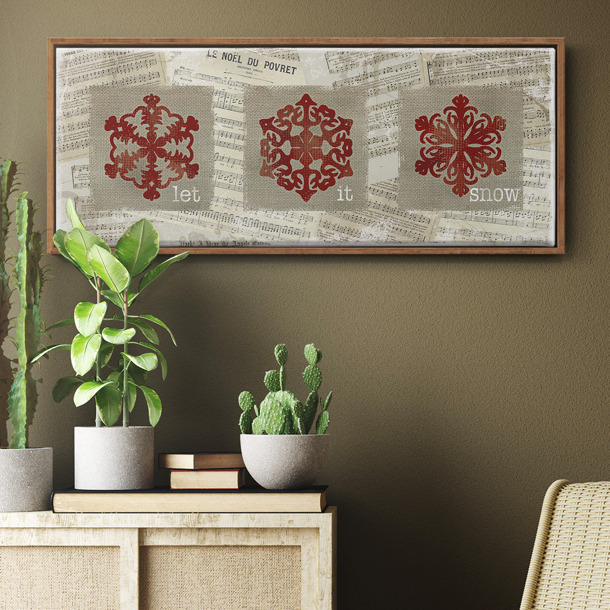 Burlap Music Snowflakes - Floater Framed Canvas Print
