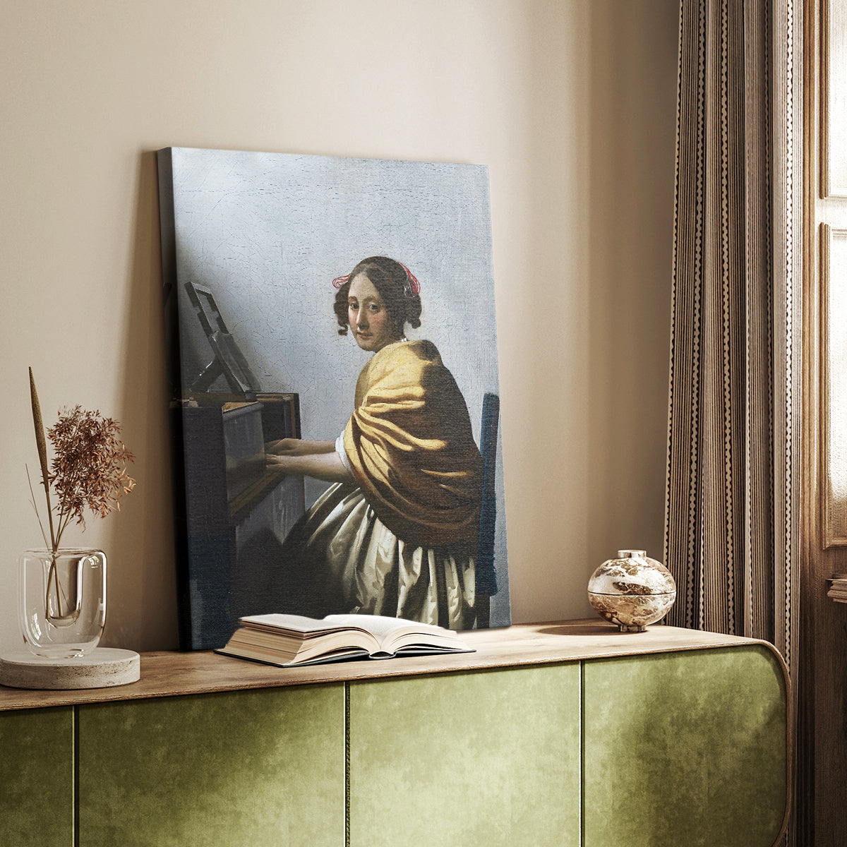 Canvas art print of a musical scene with delicate detail and calm atmosphere styled in a home decor setting.