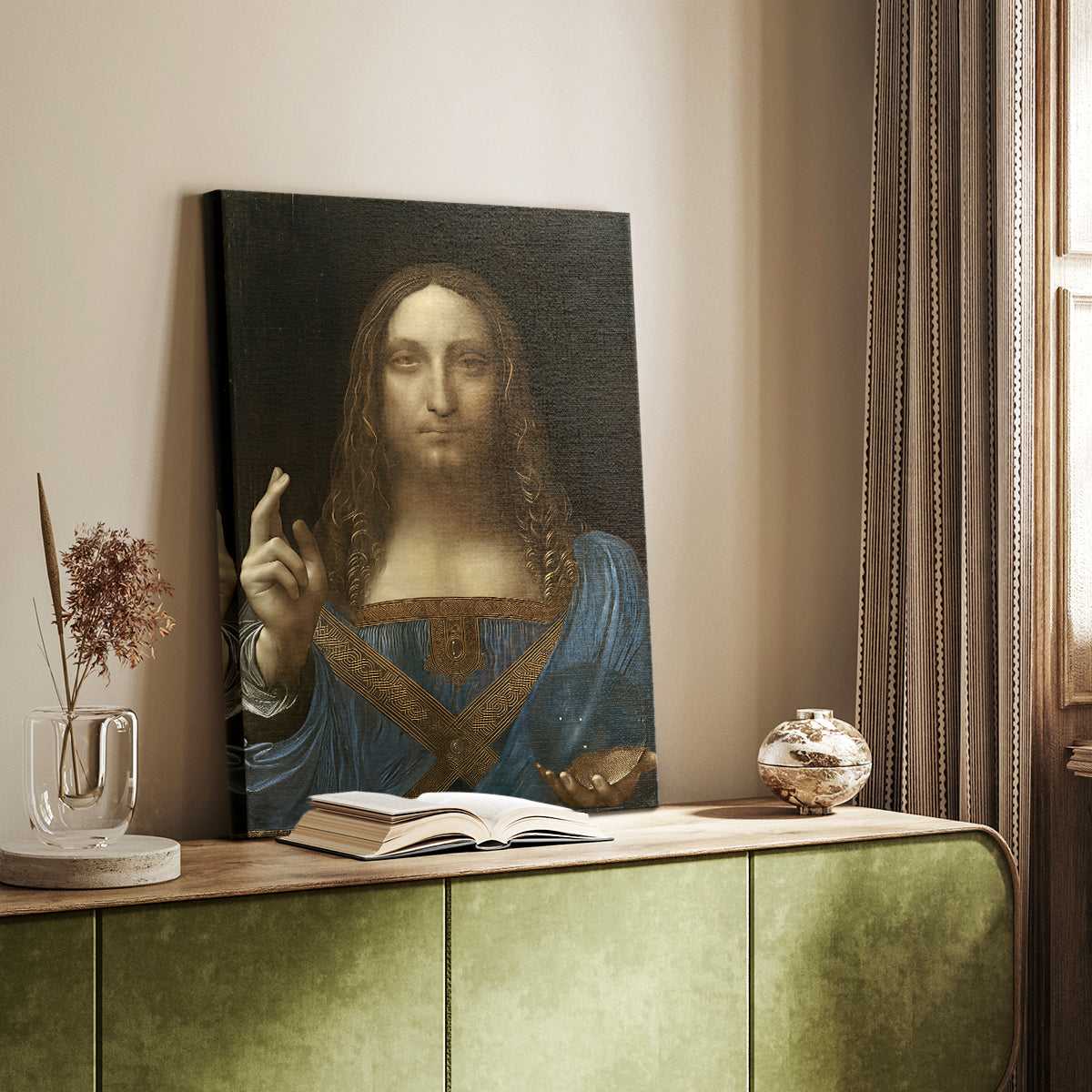 Canvas art print of a composed figure with soft light and calm expression styled in a home decor setting.