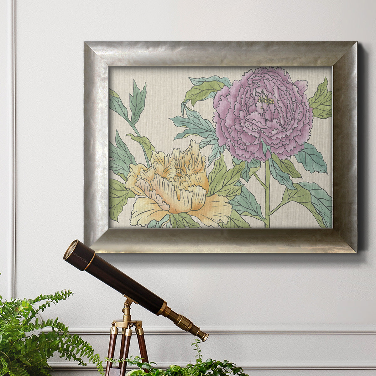 Contemporary peony flower illustration in an ornate mottled silver frame displayed in a light-toned interior setting.