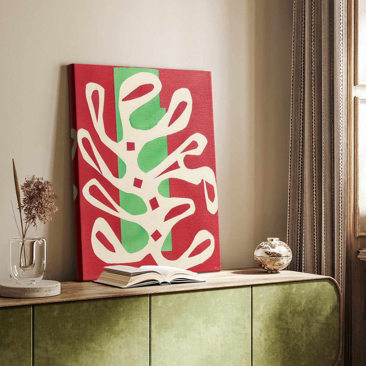 Canvas art print of a stylized design with flowing white forms and bold color blocks styled in a home decor setting.