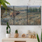 Three-panel canvas wall art featuring western wildlife grazing in open field, displayed in a boho-chic entryway above a console table.