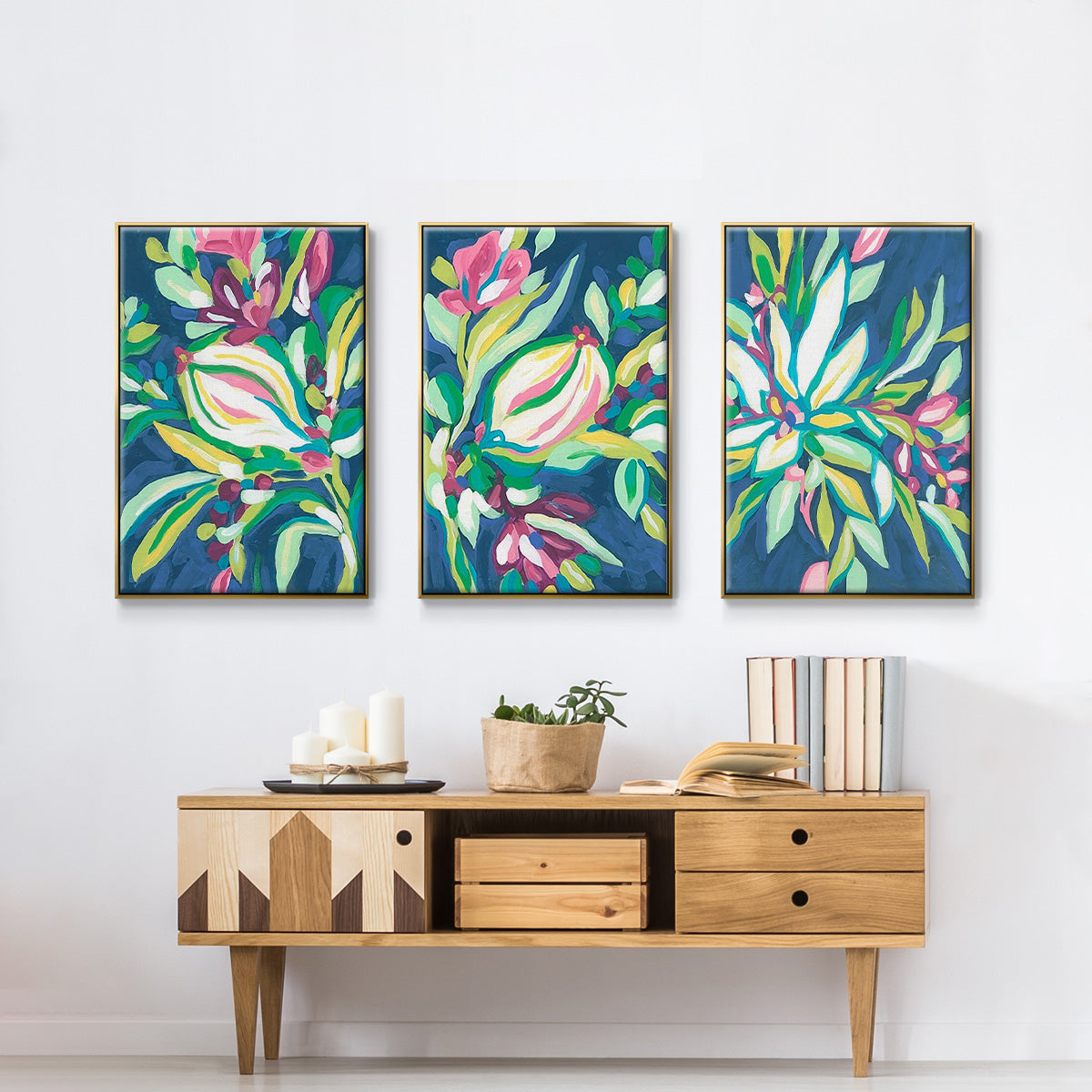 Blue Tropics I - Framed Premium Gallery Wrapped Canvas L Frame 3 Piece Set - Ready to Hang