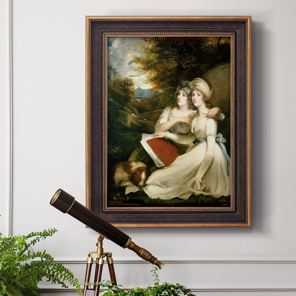 Classical portrait of the Frankland sisters by John Hoppner in an ornate bronzed mahogany wood frame displayed in a light-toned interior setting.