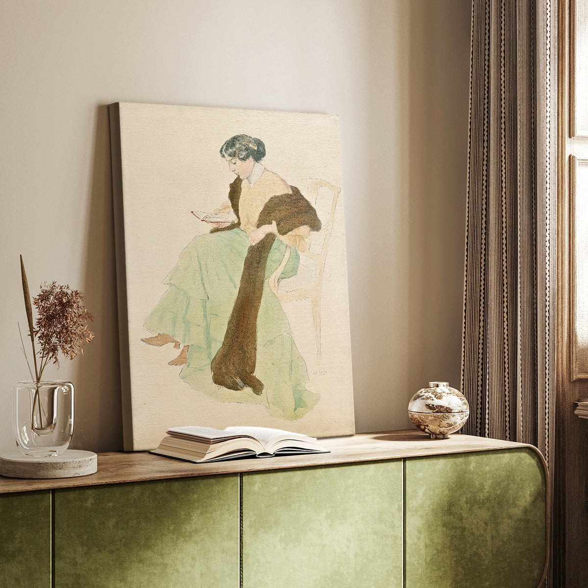 Canvas art print of a calm figure with book and gentle tones styled in a home decor setting.