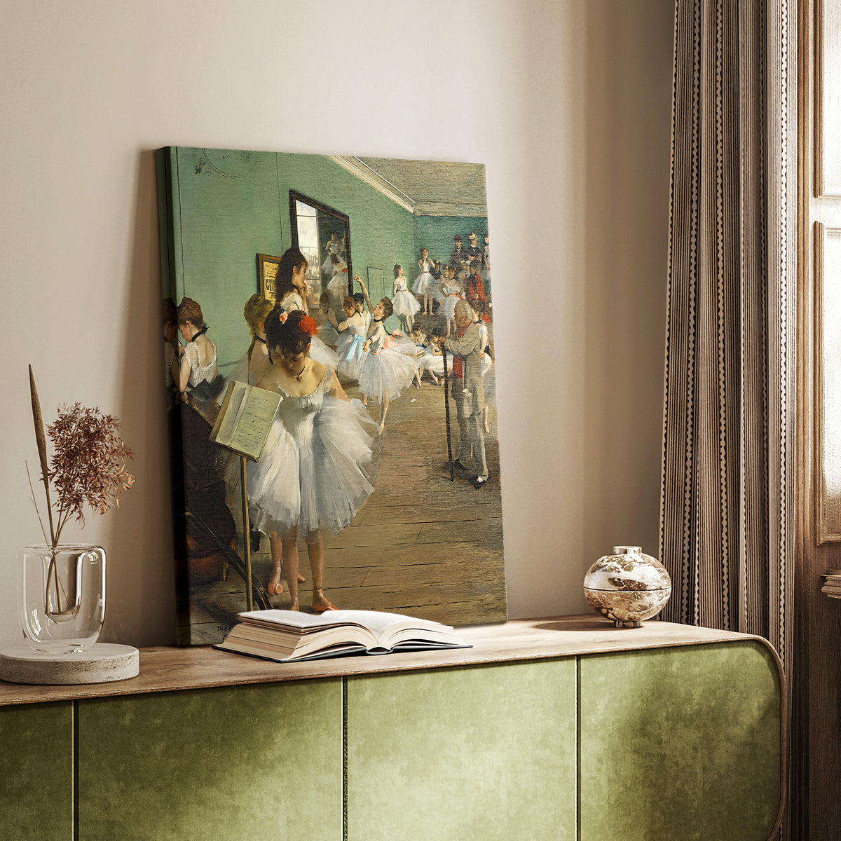 Canvas art print of a group of dancers rehearsing with soft natural light styled in a home decor setting.