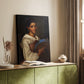 Canvas art print of a refined figure with gentle tones and cultural detail styled in a home decor setting.