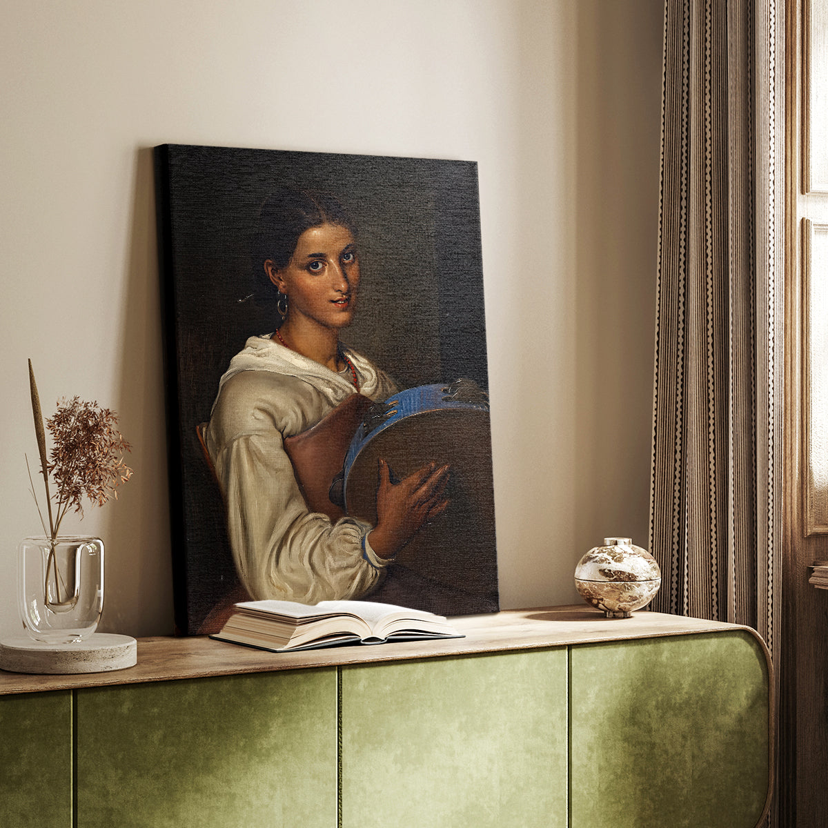 Canvas art print of a refined figure with gentle tones and cultural detail styled in a home decor setting.