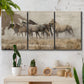 Three-panel canvas wall art featuring wild horses roaming open terrain, displayed in a boho-chic entryway above a console table.