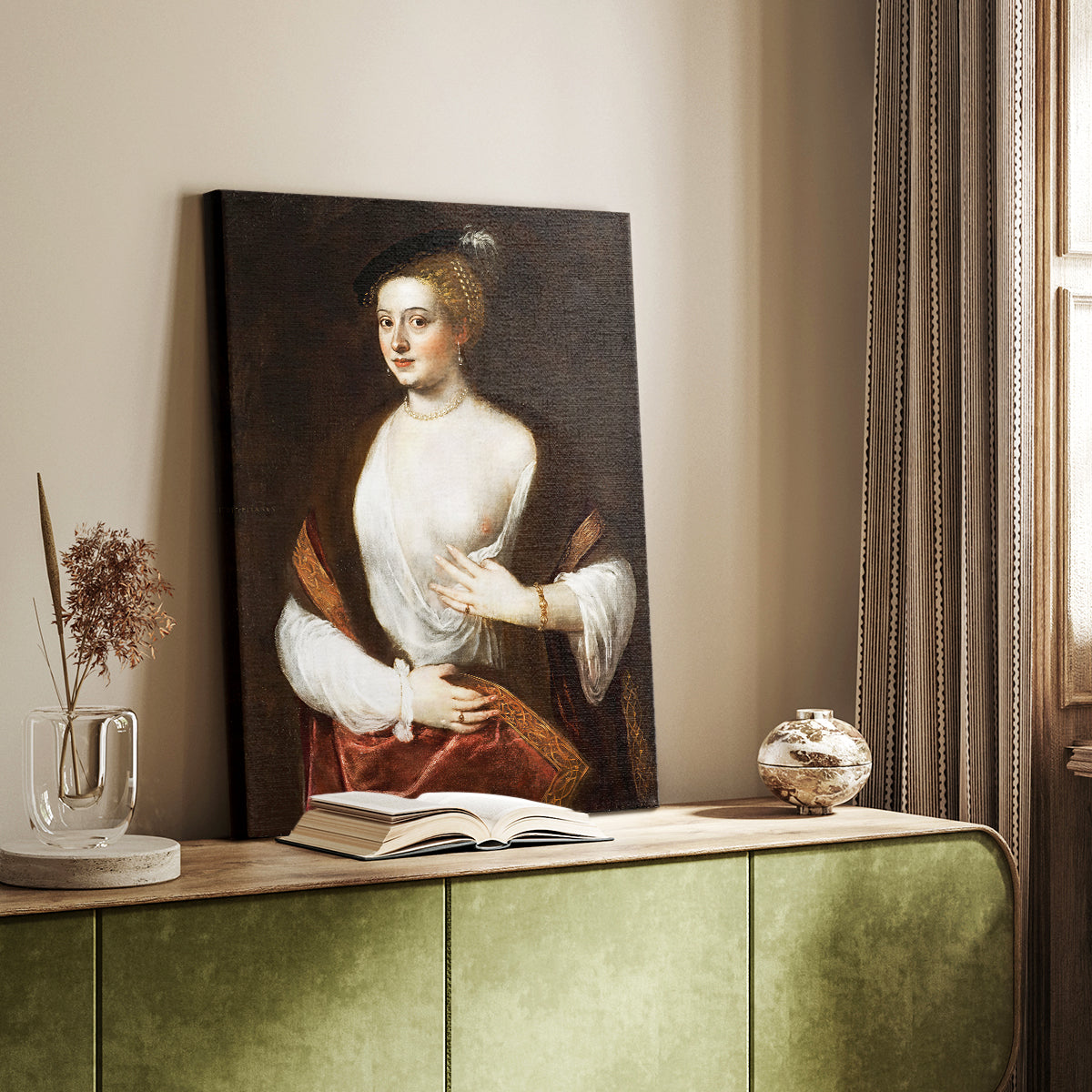 Canvas art print of a refined figure with smooth shading and calm expression styled in a home decor setting.