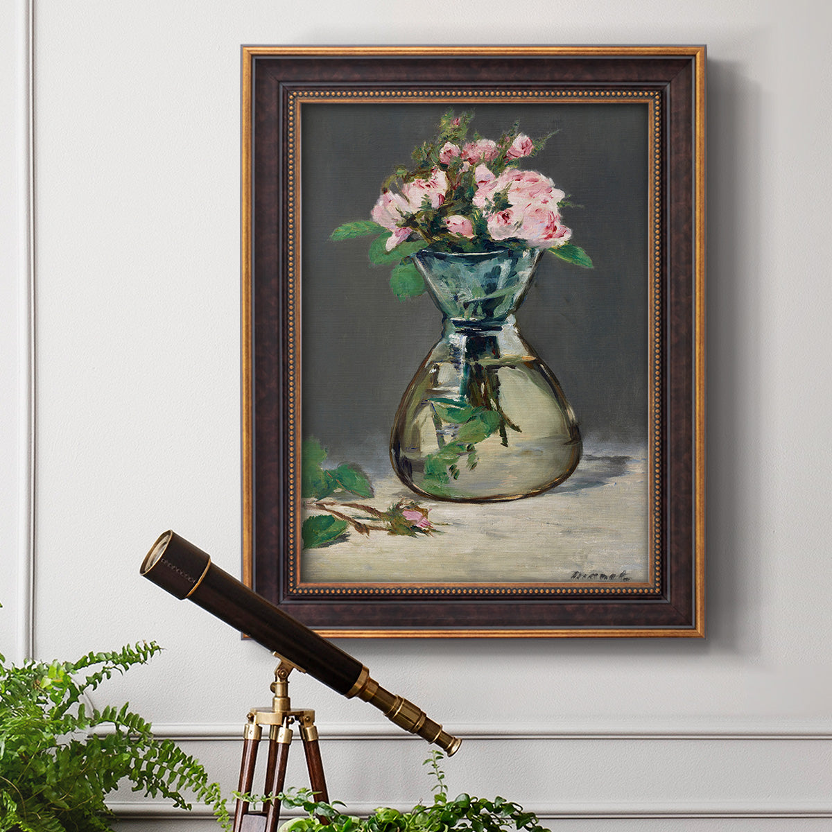 Moss Roses in a Vase - Ornate Framed Canvas Print