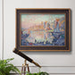 Impressionist Mediterranean harbor painting by Paul Signac in an ornate bronzed mahogany wood frame displayed in a light-toned interior setting.