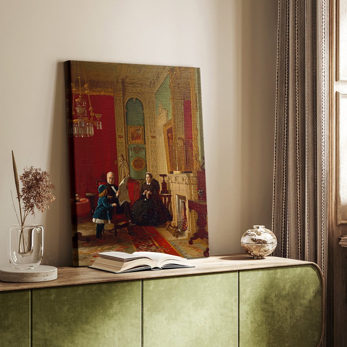 Canvas art print of a multi-figure composition with formal poses and soft light styled in a home decor setting.