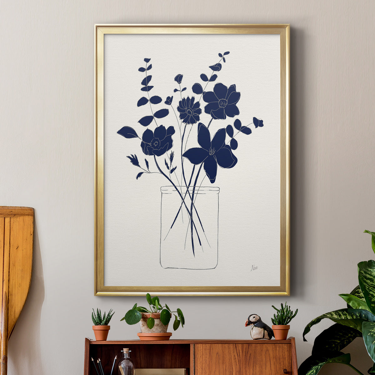 Indigo Sketch Bouquet I - Modern Framed Canvas Print