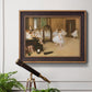 Impressionist dance class interior scene by Edgar Degas in an ornate bronzed mahogany wood frame displayed in a light-toned interior setting.