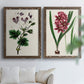 Set of two walnut barnwood framed canvas prints depicting detailed blossoms, leaves, roots, and archival cream grounds arranged across two complementary compositions above a sofa in a bright living space.
