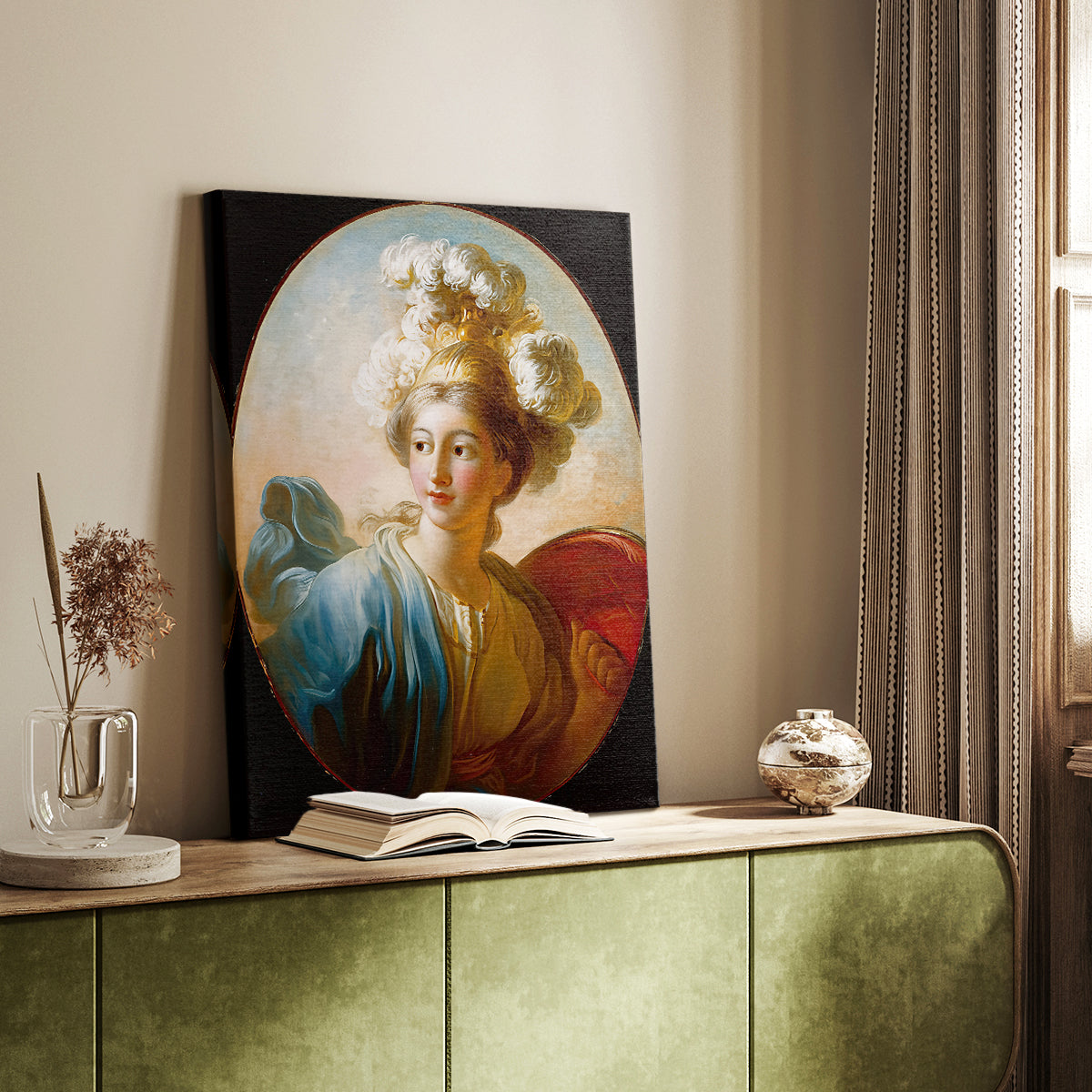 Canvas art print of a mythological figure with elegant pose and gentle tones styled in a home decor setting.