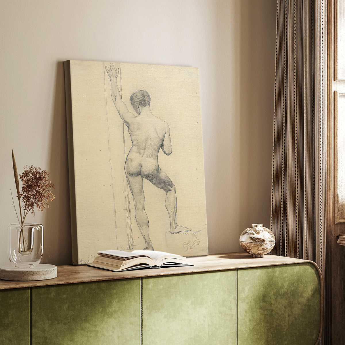 Canvas art print of a rear-view figure with gentle contour lines styled in a home decor setting.
