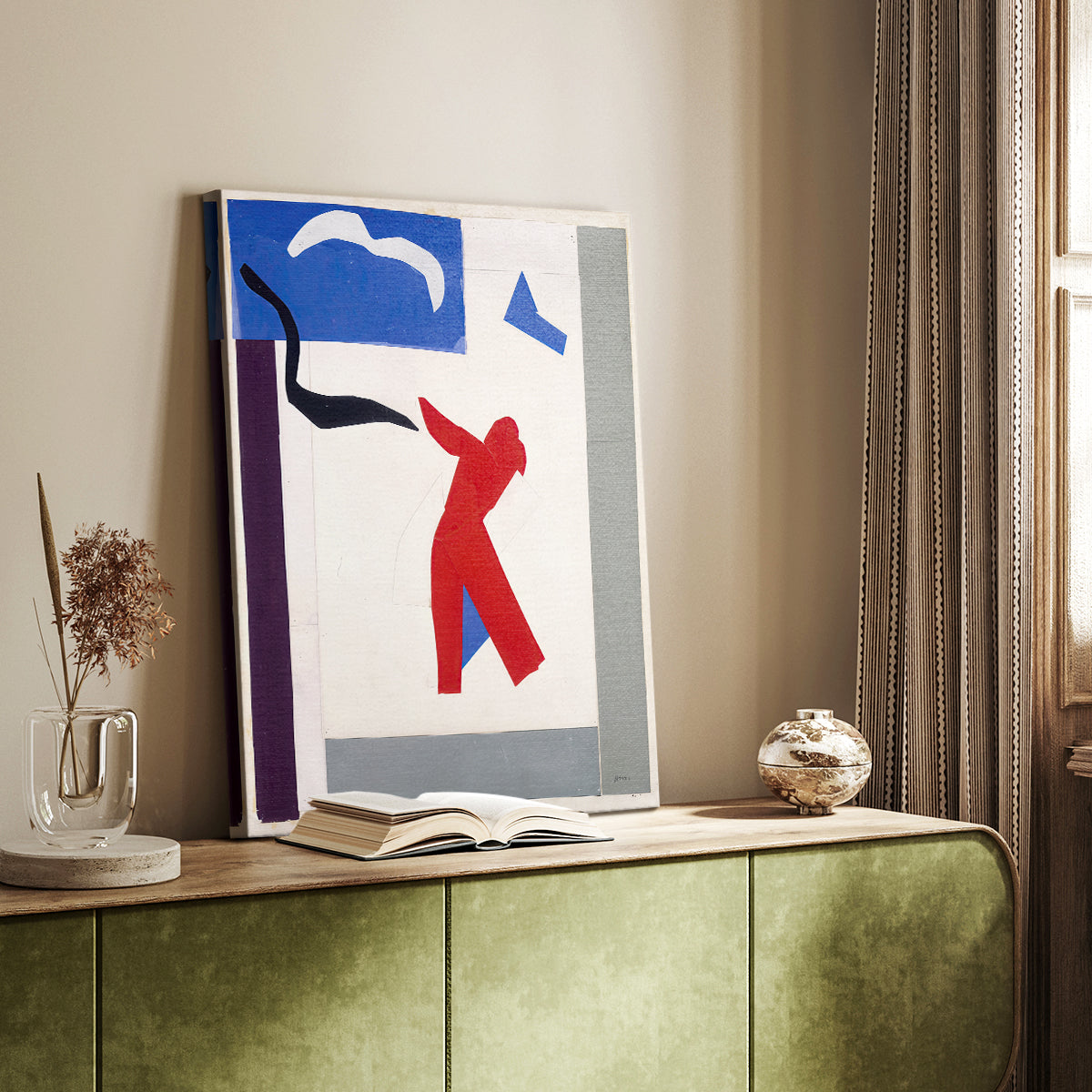 Canvas art print of a stylized human form with geometric structure and vivid color styled in a home decor setting.