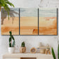 Three-panel canvas wall art featuring minimal horizon with soft blue tones, displayed in a boho-chic entryway above a console table.