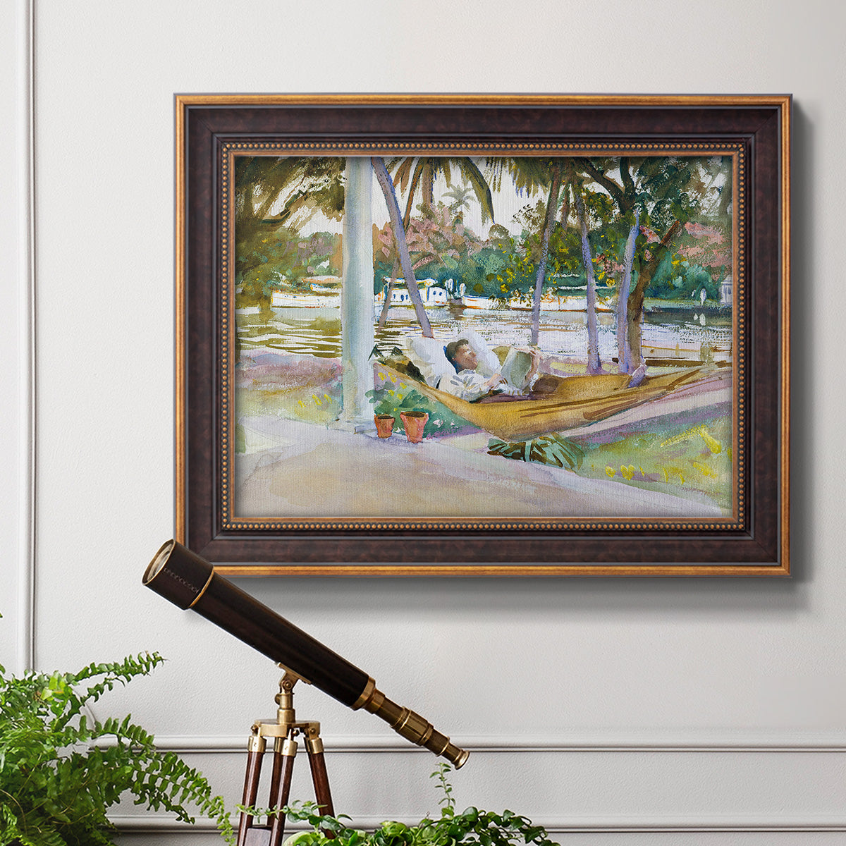 Impressionist leisure portrait scene by John Singer Sargent in an ornate bronzed mahogany wood frame displayed in a light-toned interior setting.