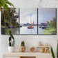 Three-panel canvas wall art featuring river view with boats and reflections, displayed in a boho-chic entryway above a console table.