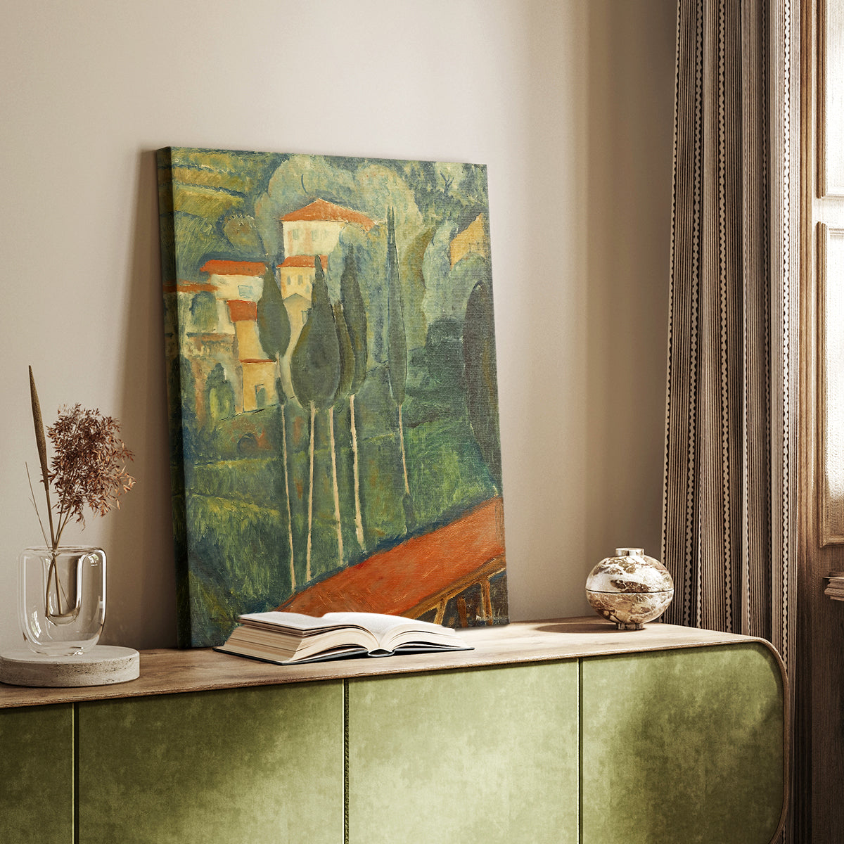 Canvas art print of a vivid landscape with angular shapes and strong contrasting tones styled in a home decor setting.