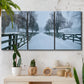 Three-panel canvas wall art featuring snow covered rural road photograph, displayed in a boho-chic entryway above a console table.