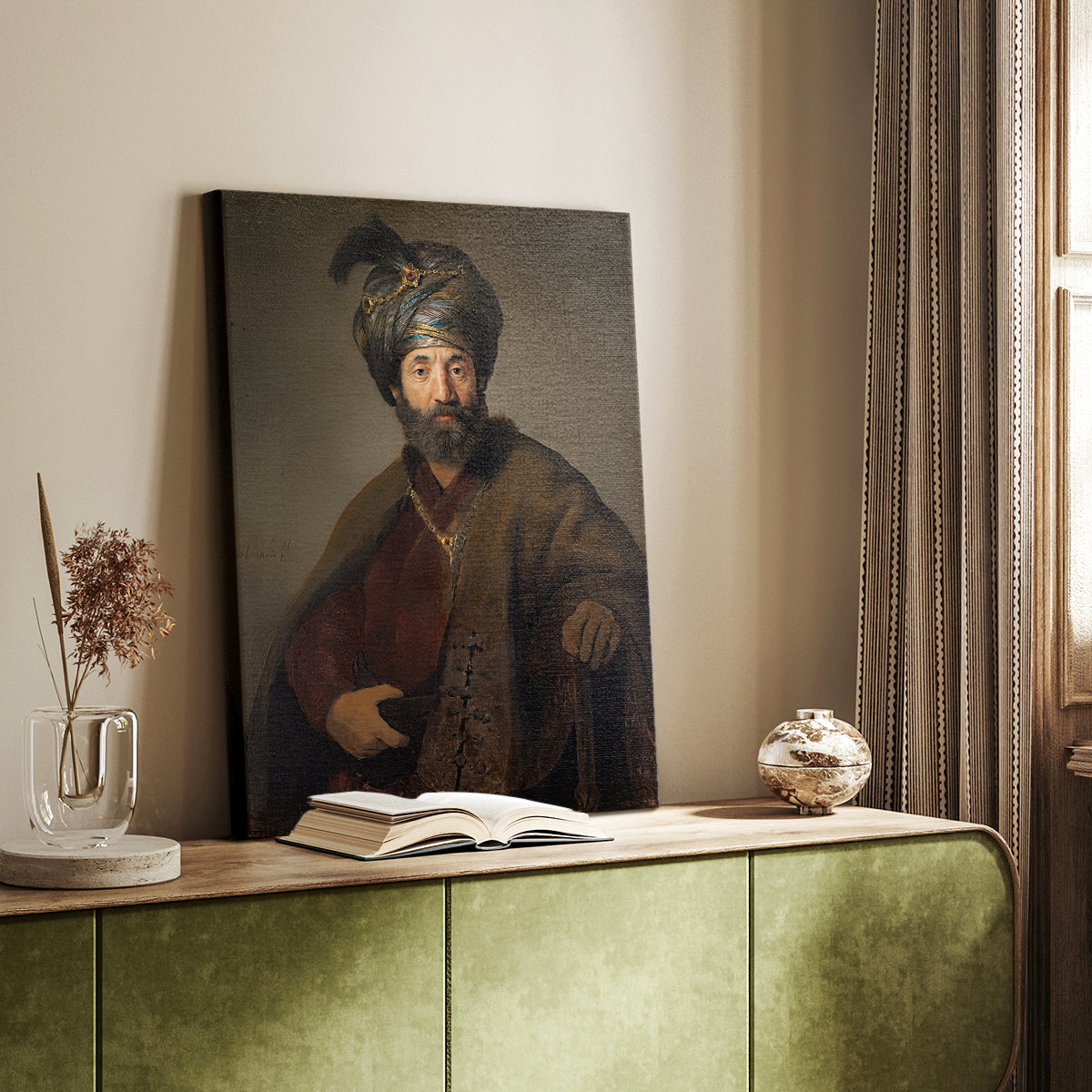 Canvas art print of a refined figure with detailed clothing and warm tones styled in a home decor setting.