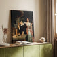 Canvas art print of a dramatic setting with figures and warm light on objects styled in a home decor setting.