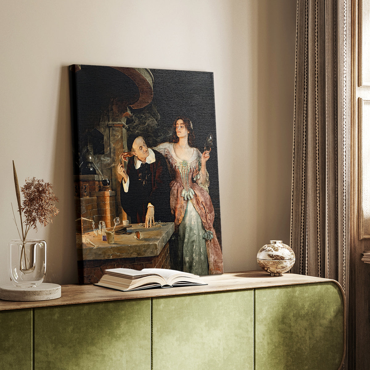 Canvas art print of a dramatic setting with figures and warm light on objects styled in a home decor setting.