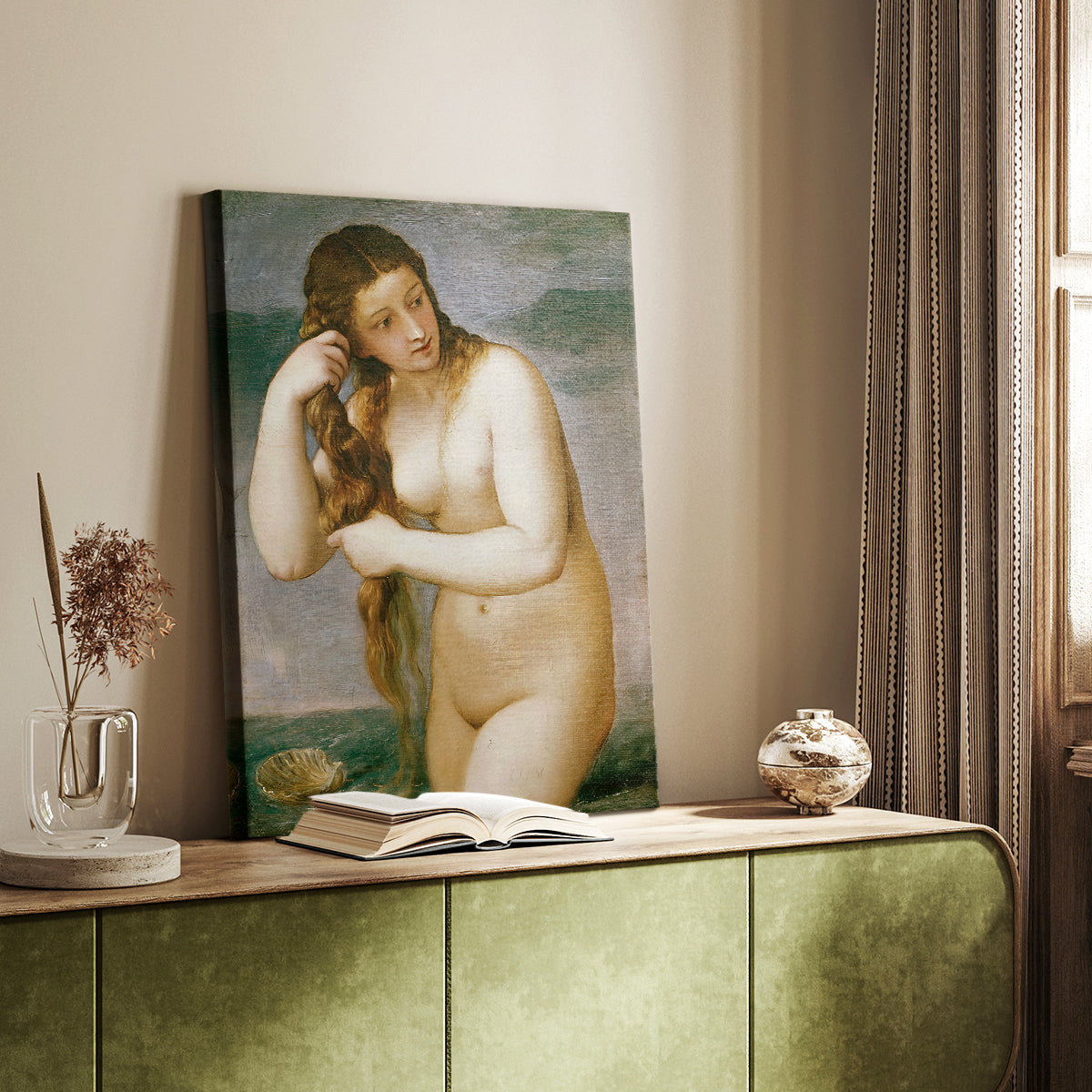 Canvas art print of a classical figure with flowing form and gentle tones styled in a home decor setting.