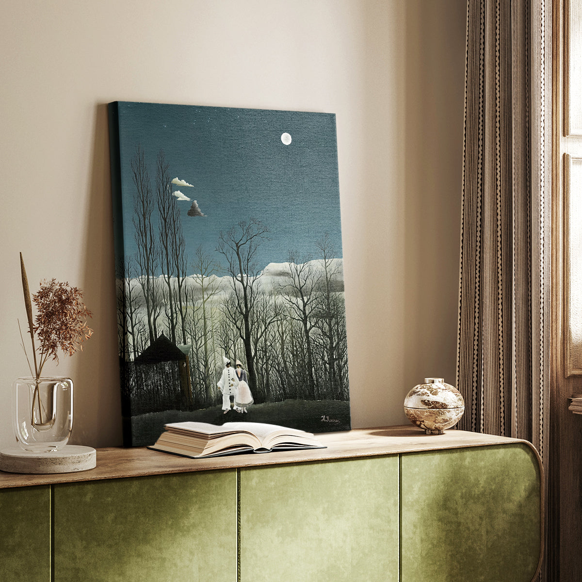 Canvas art print of a mysterious nighttime setting with costumed figures and soft light styled in a home decor setting.
