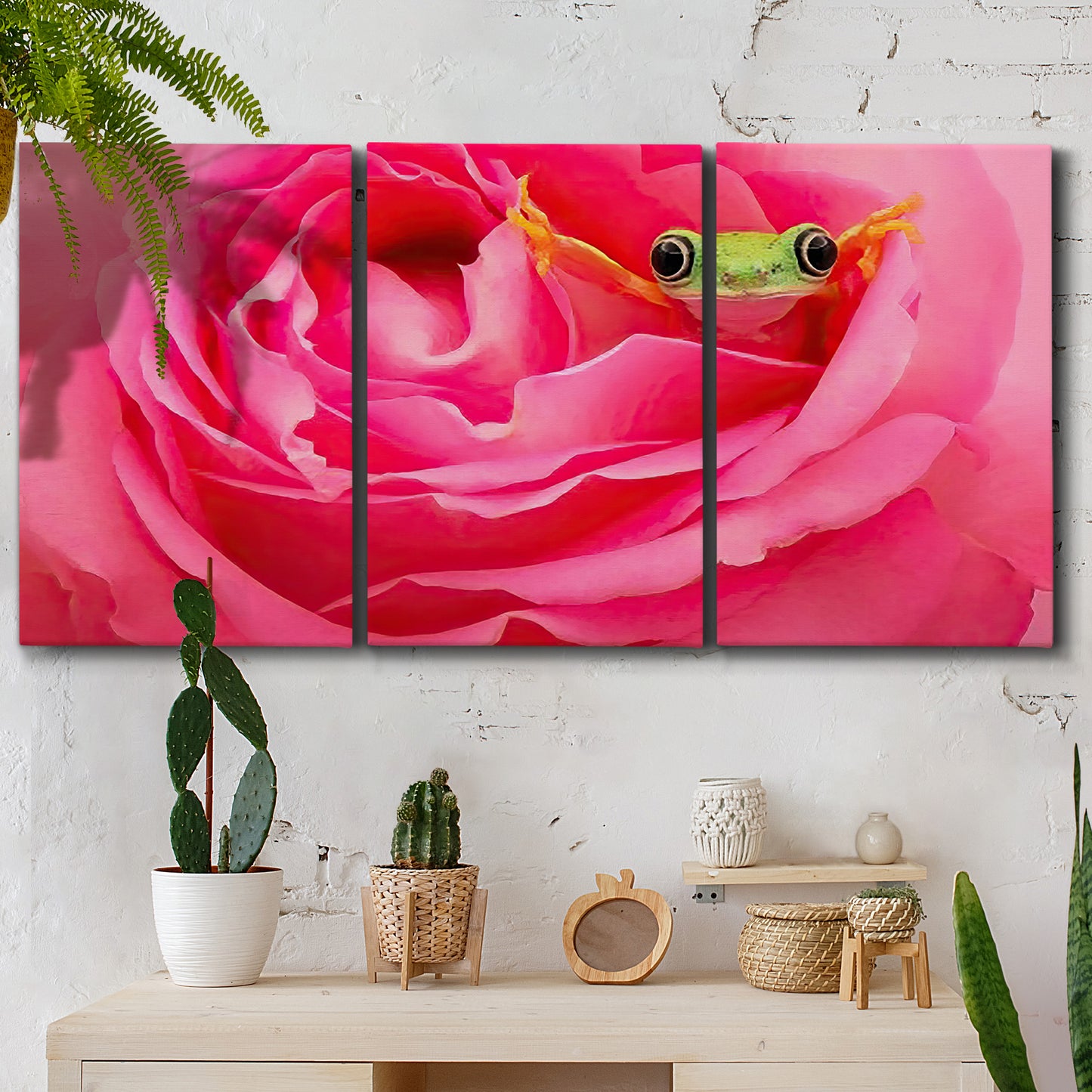 Three-panel canvas wall art featuring animal photography with floral elements, displayed in a boho-chic entryway above a console table.