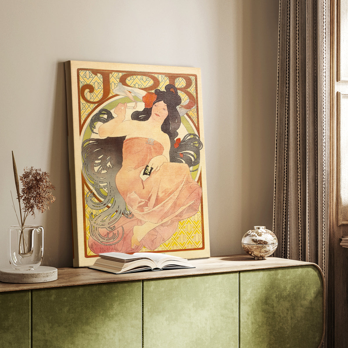 Canvas art print of a vintage advertisement featuring a stylized female figure smoking styled in a home decor setting.